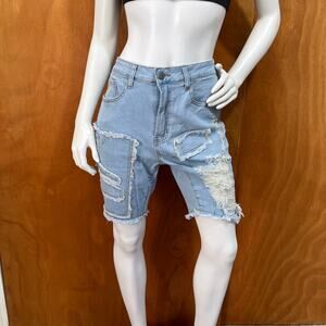 Shein Curve Women's with Patches/ Raw Hem Blue Denim Shorts Size 0XL